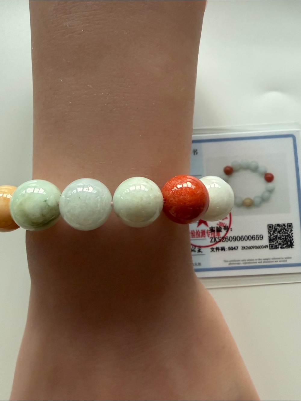 Handcrafted Authentic Multicolor Jade Bead Bracelet with authentic Coral Accent